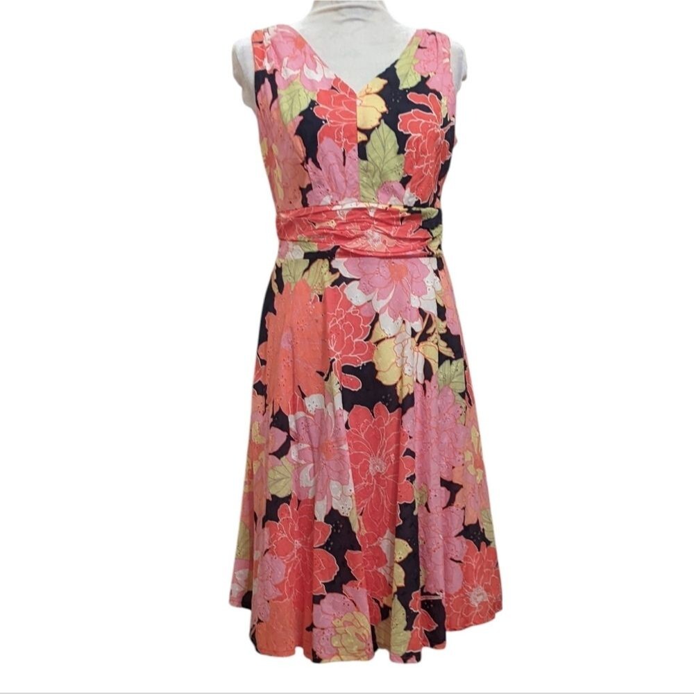 Summer Sleeveless Dress Cotton Eyelet Floral Fit Flare Classic Size 6P NEW